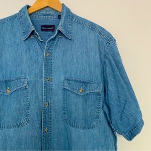 Blue League Spring Summer Casual Short Sleeve Button Up Jean Top Tee Shirt (L)
